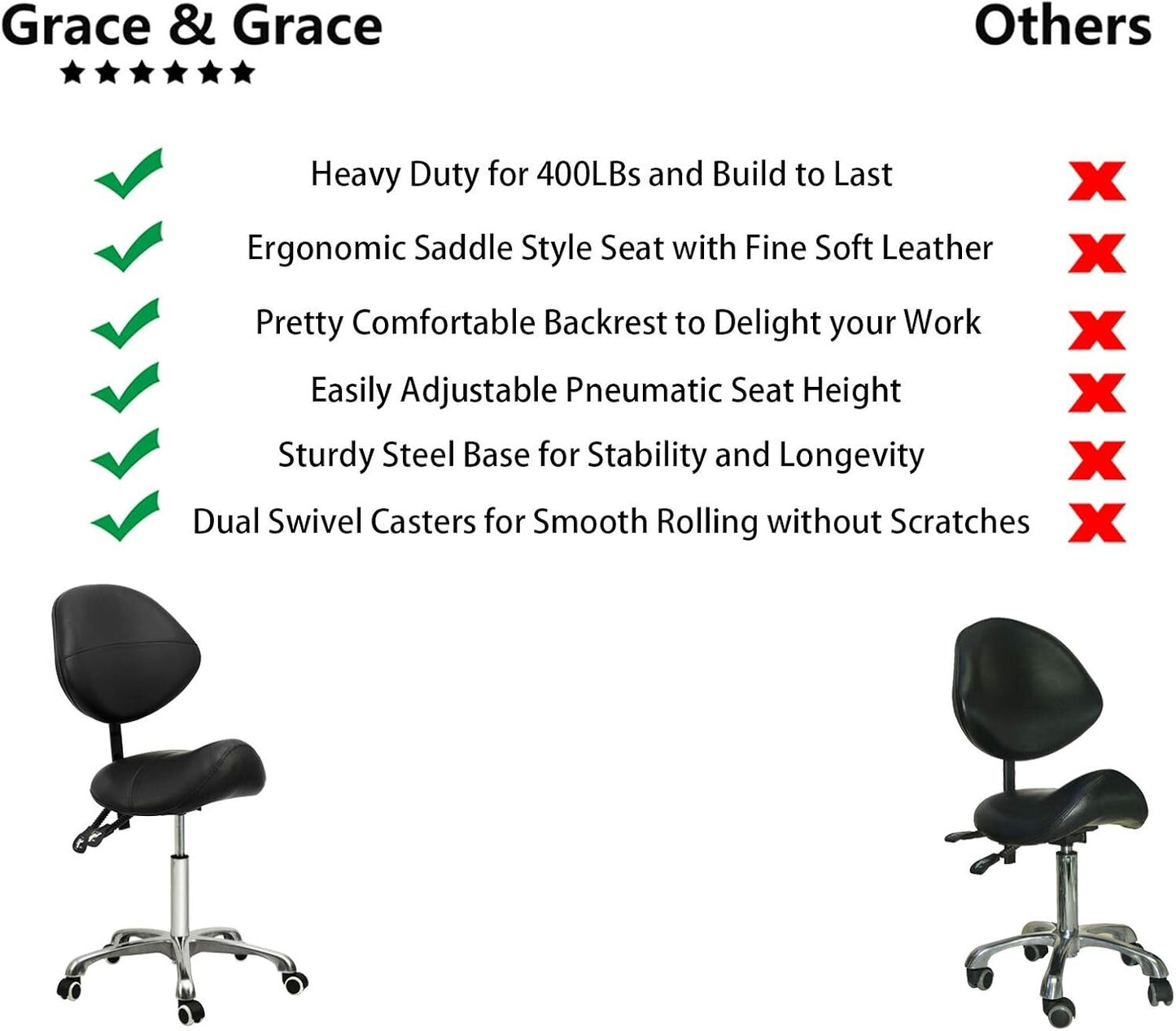 Grace&Grace Professional Saddle Stool Chair with Back Support, Rolling Saddle