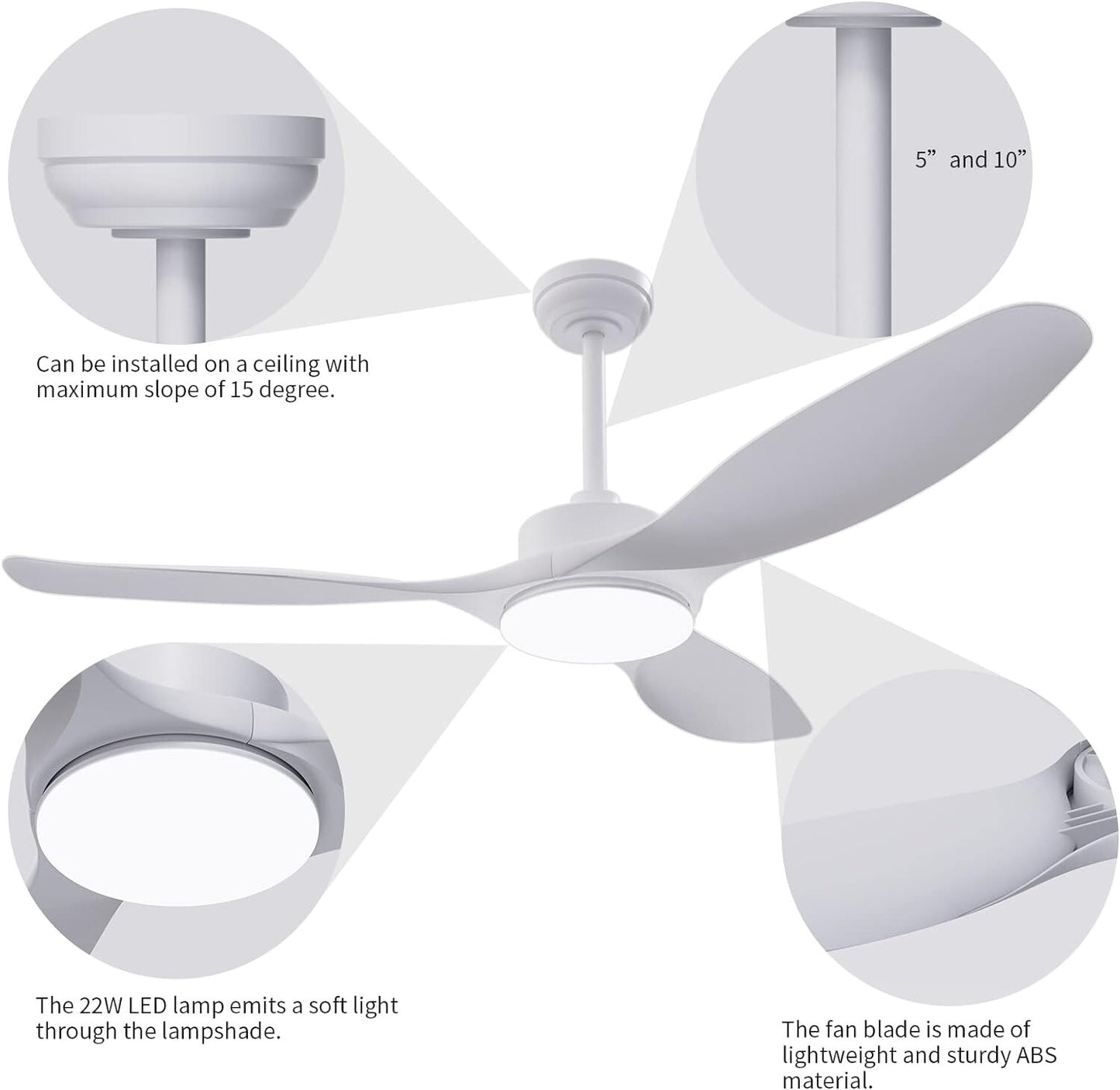 Ceiling Fan 52" Ceiling Fans with Lights Remote Control,White Ceiling Fan 3CCT 2