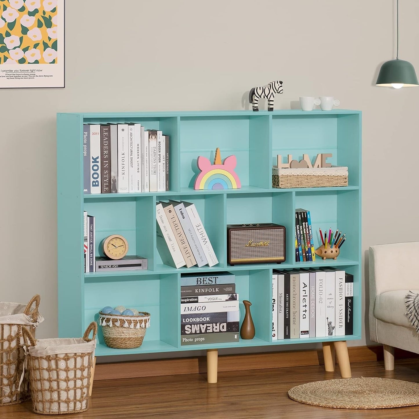 LEYAOYAO 10 Cube Bookshelf,3 Tier Modern Wide Bookcase with Legs,Mid-Century
