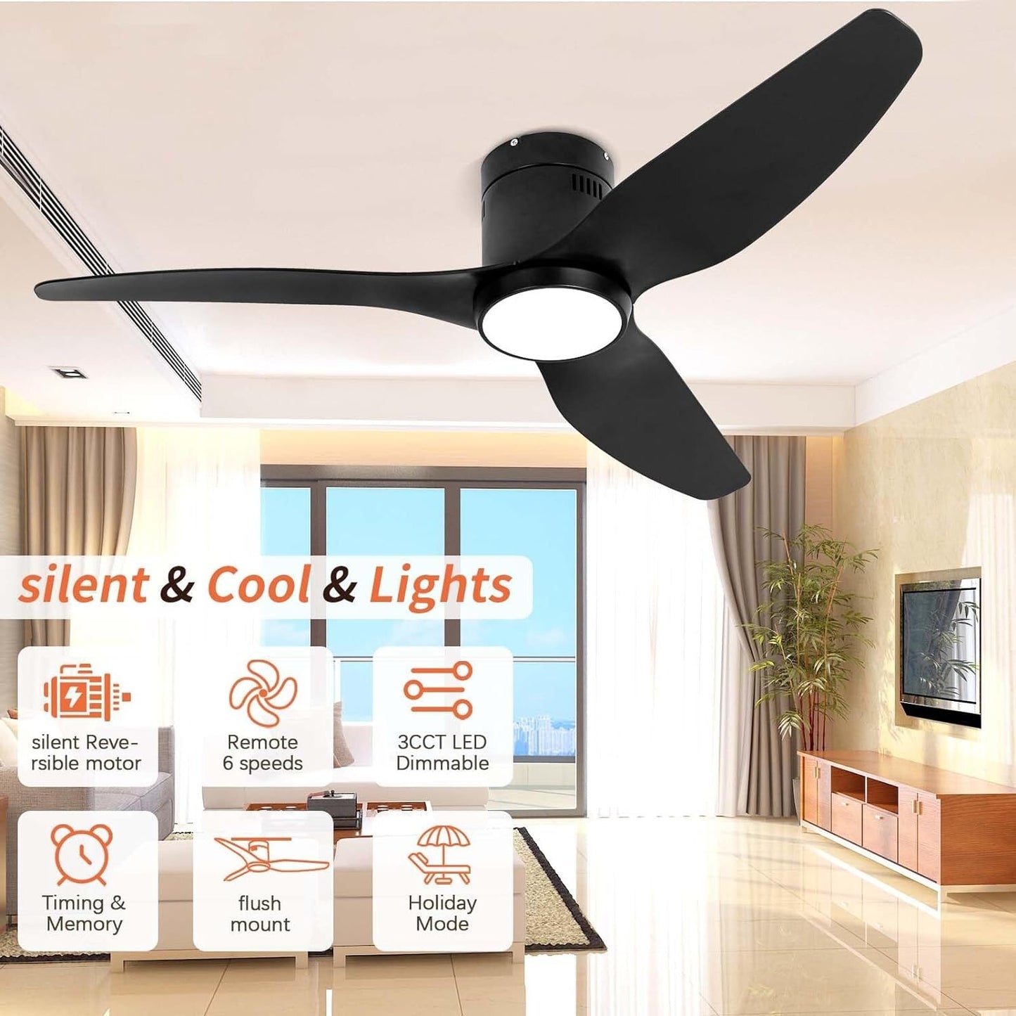 Black Ceiling Fan with Light Remote 52in 6Speed Silent Reversible Motor 3CCT