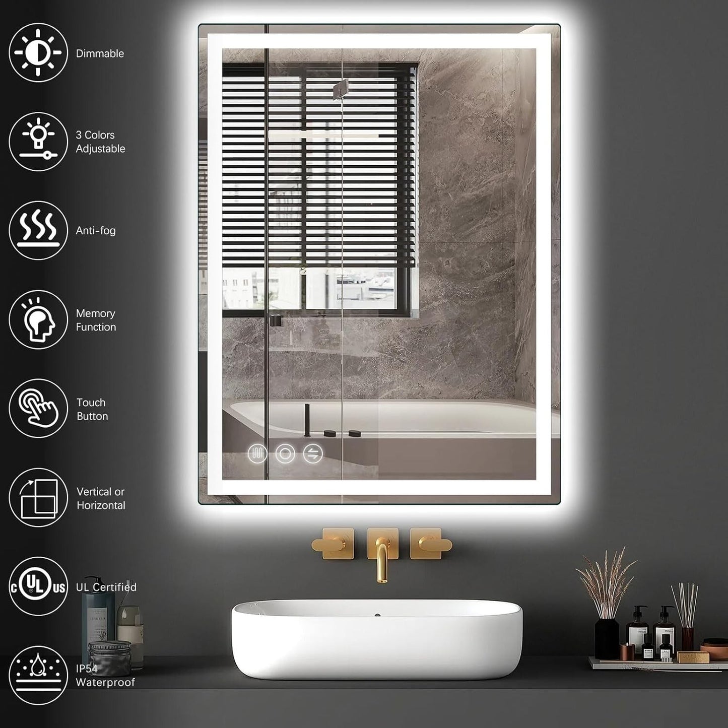 24x32 Inch LED Bathroom Mirror with Stepless Dimmable Wall Mounted Mirrors