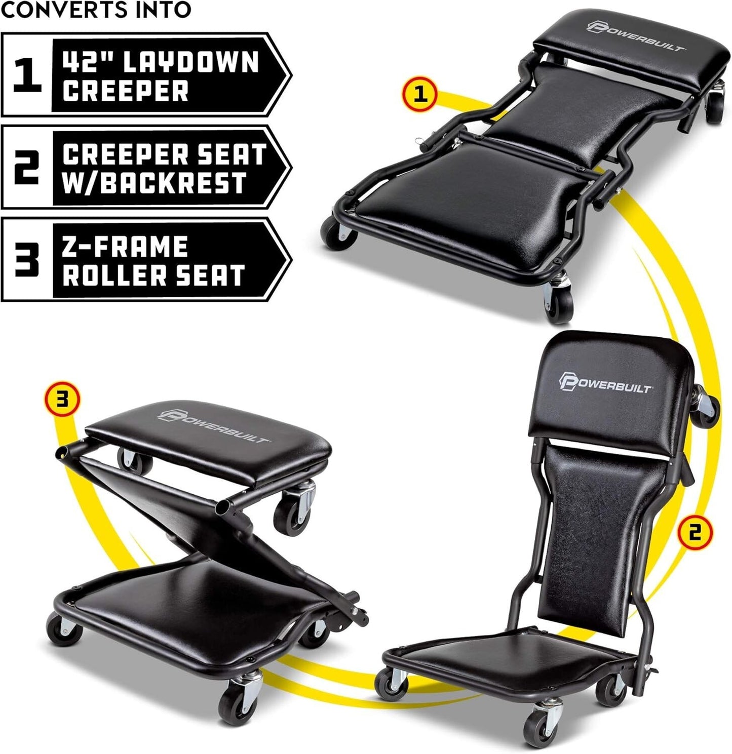 Powerbuilt 42" Tri-Fold Creeper, Rolling Seat and Brake Stool, All-in-One Adjust