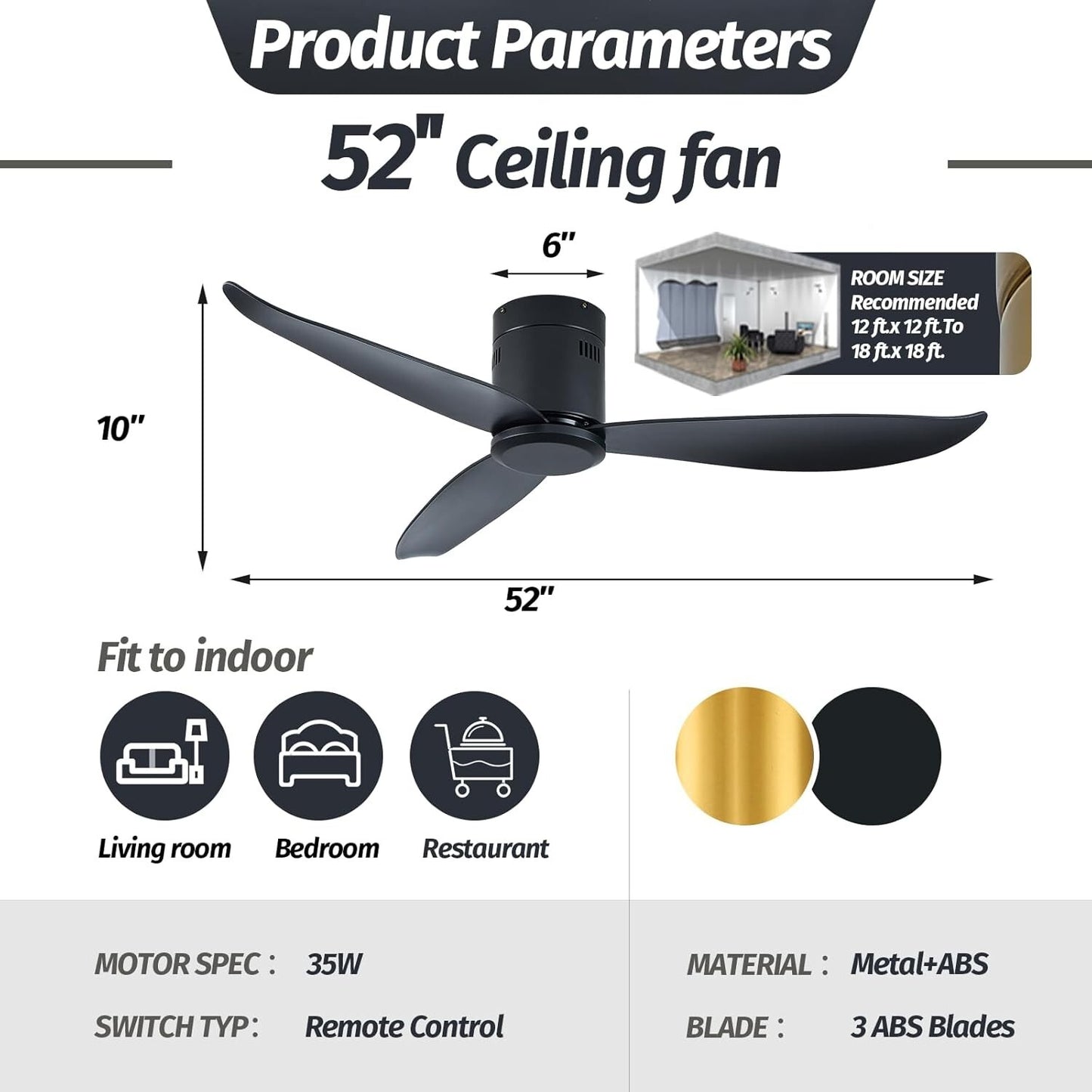 LEEAGLEGRY 52''Ceiling Fan no Light,3 ABS Blade,Reversible Quiet DC Motor,Timed