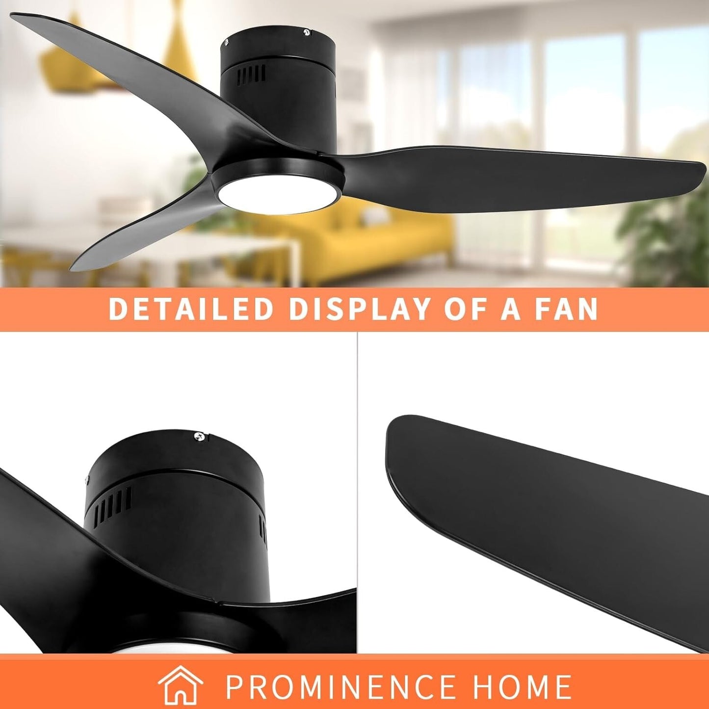 Black Ceiling Fan with Light Remote 52in 6Speed Silent Reversible Motor 3CCT