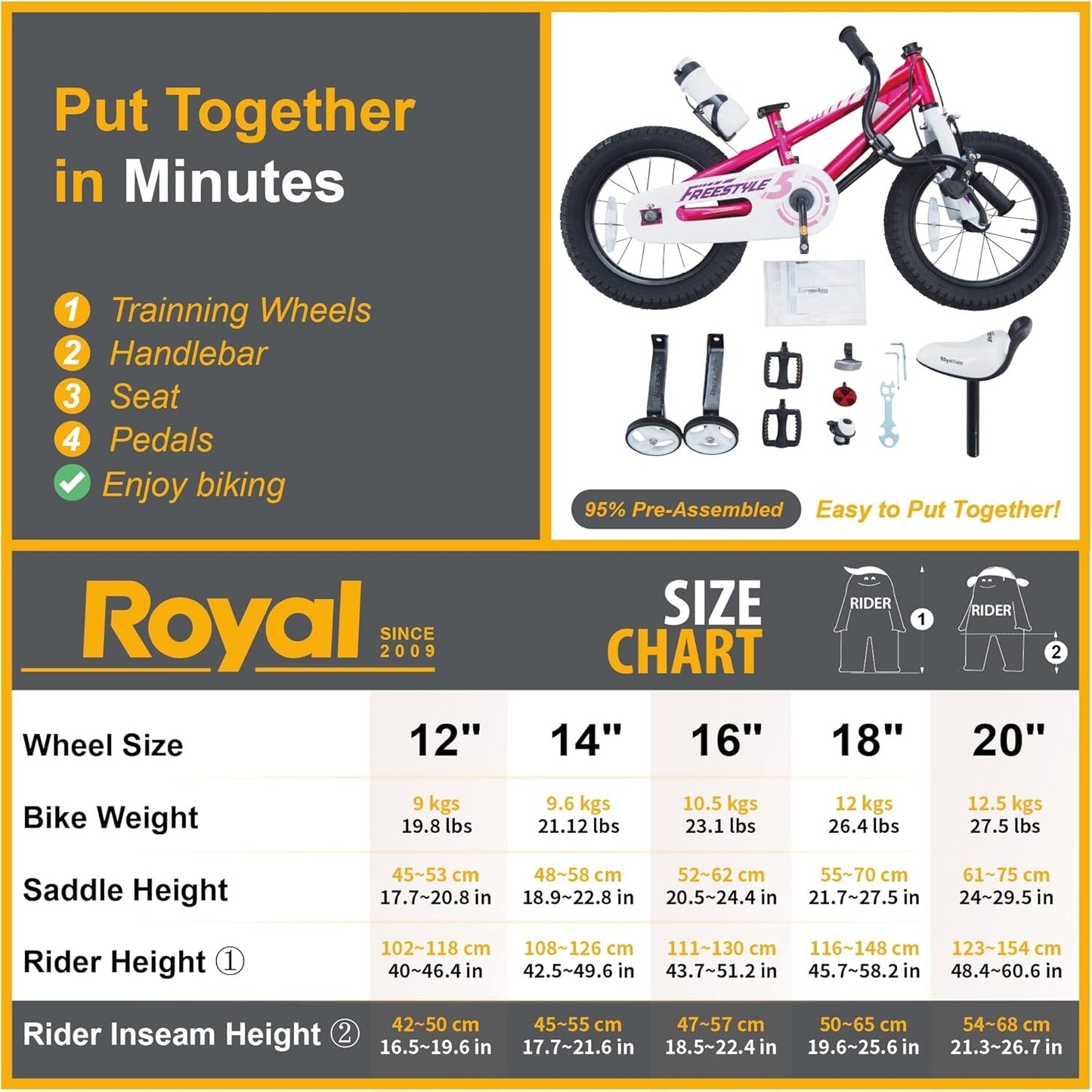 RoyalBaby EZ & Freestyle Kids Bike, Size 12-18 Inch for Toddlers to Big Kids