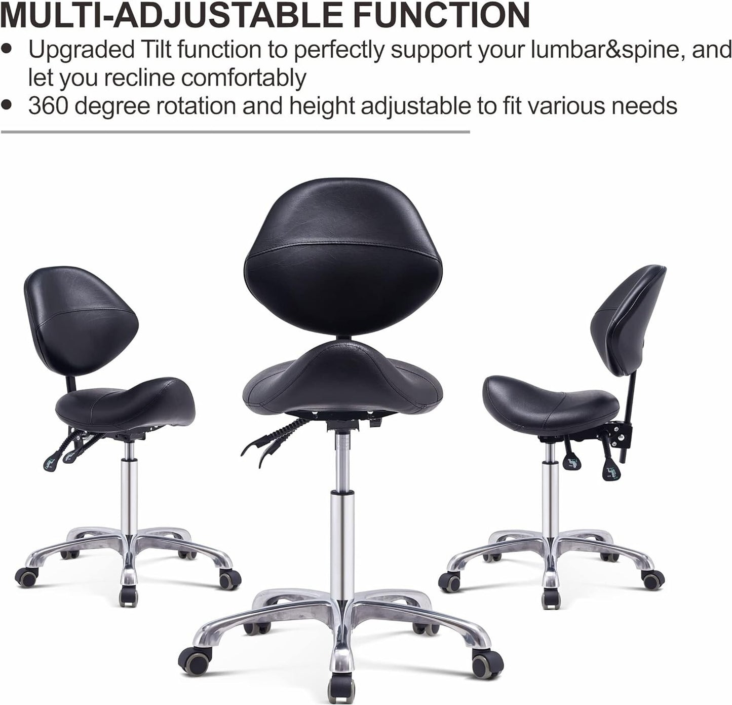 Grace&Grace Professional Saddle Stool Chair with Back Support, Rolling Saddle