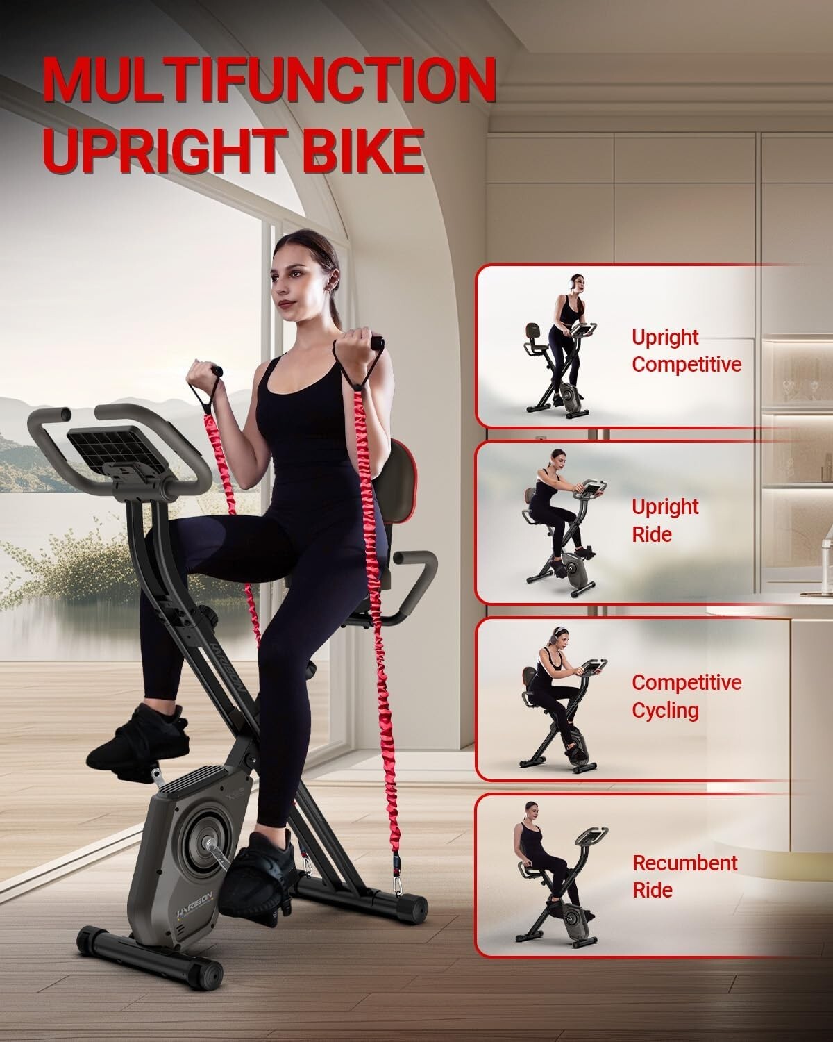 HARISON Folding Exercise Bike 350 LBS Capacity, 5 in 1 Bluetooth Stationary Bike