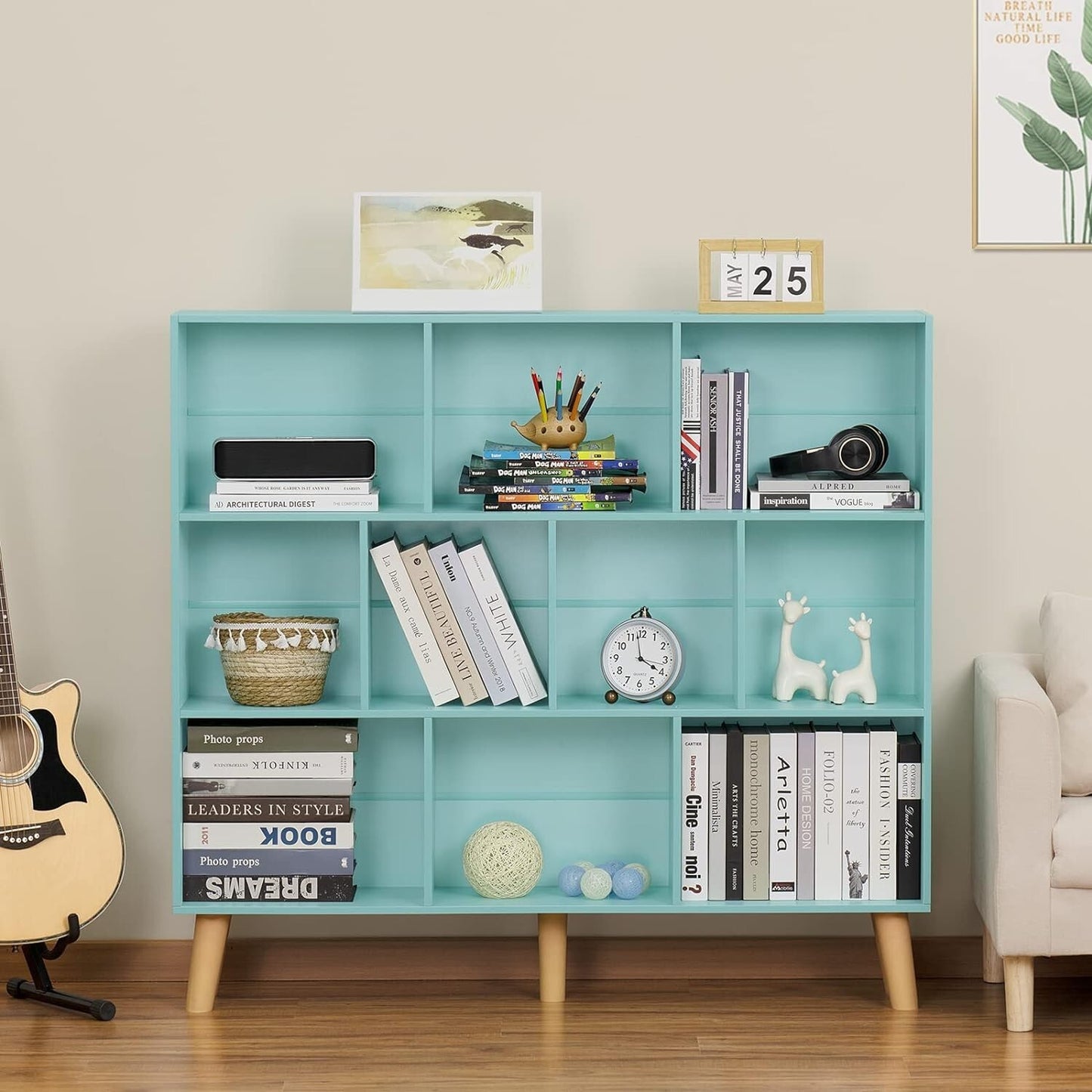 LEYAOYAO 10 Cube Bookshelf,3 Tier Modern Wide Bookcase with Legs,Mid-Century