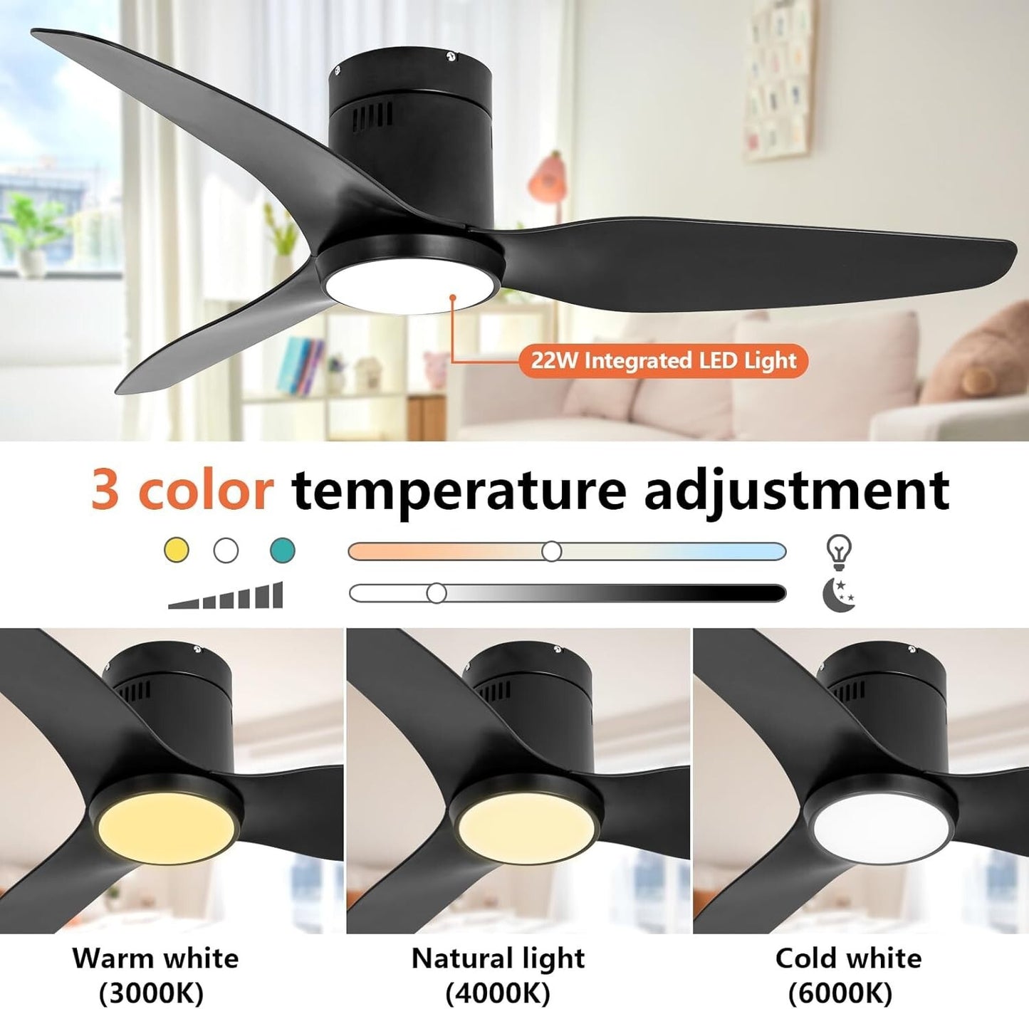 Black Ceiling Fan with Light Remote 52in 6Speed Silent Reversible Motor 3CCT