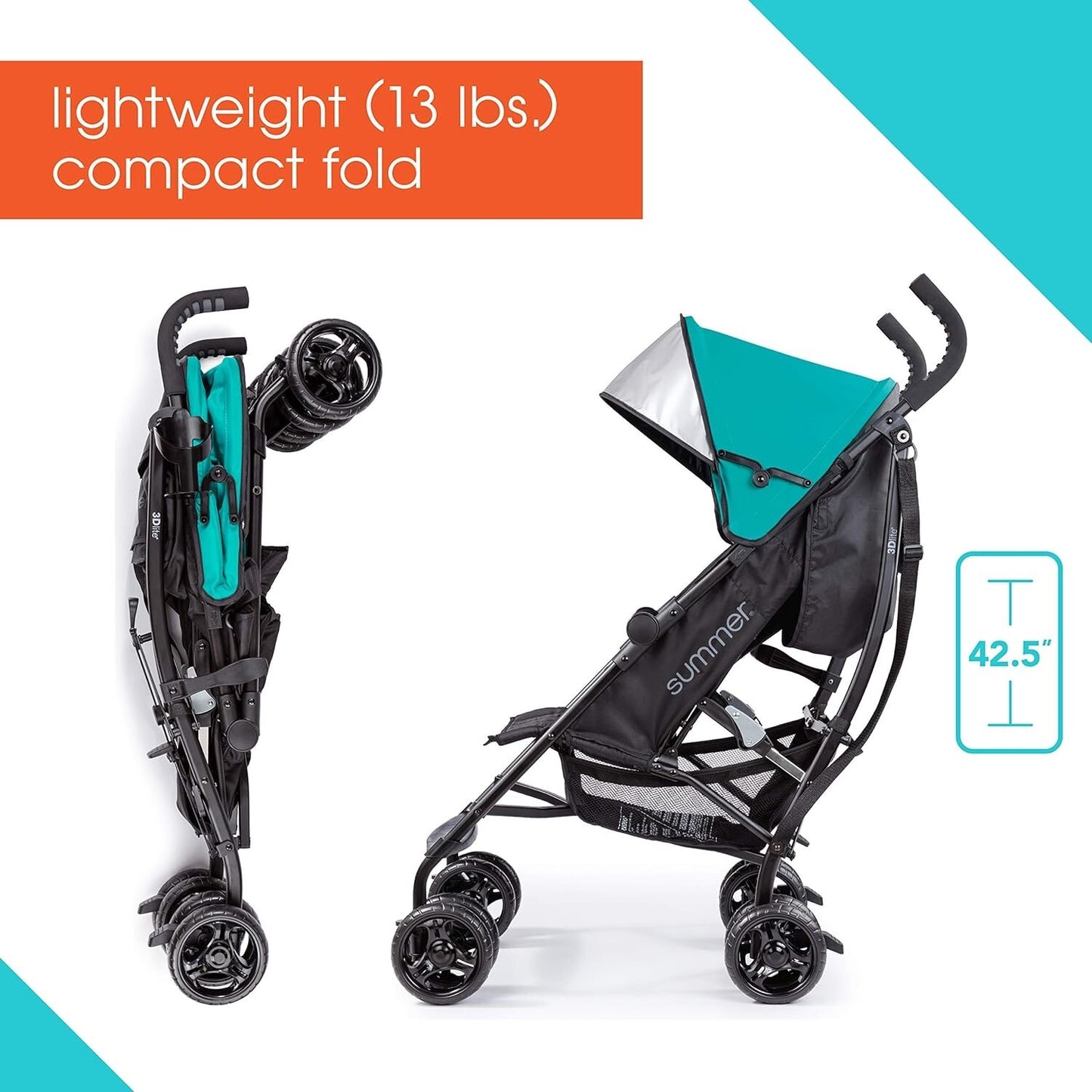 Summer Infant 3Dlite Convenience Baby Stroller, Teal, Lightweight Stroller