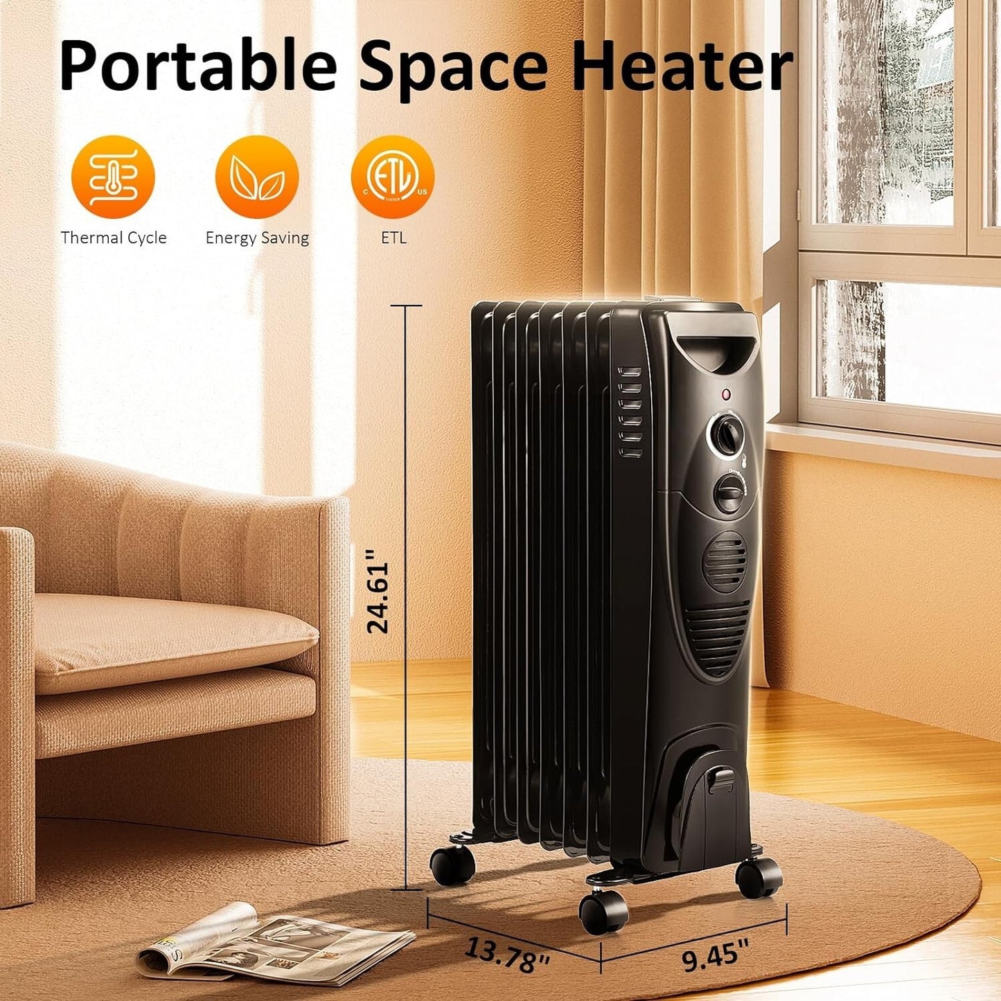 Oil Filled Radiator Heater, 1500W Portable Electric Space Heater, TipOver Switch
