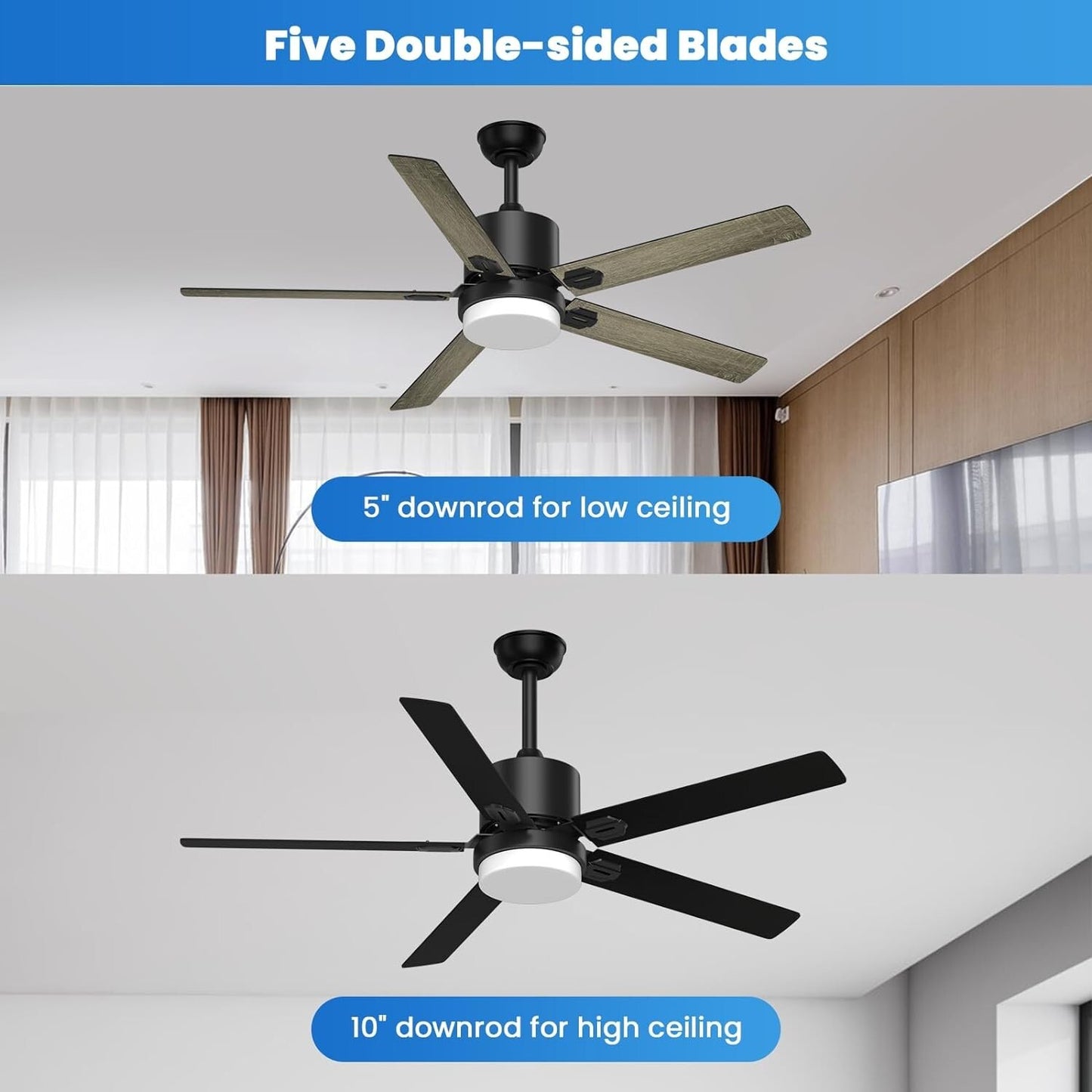 Black Ceiling Fans with Lights - Outdoor Ceiling Fan with Remote/APP Control, 52