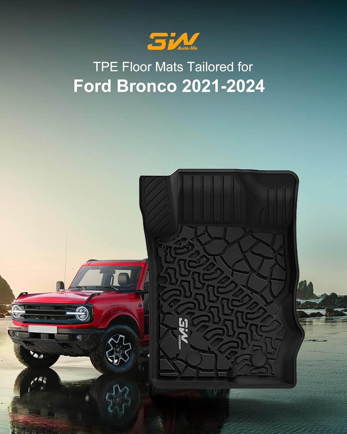 3W Floor Mats Combo for Ford Bronco 21-24 4D, Cargo Liner and Rear Seat Cover