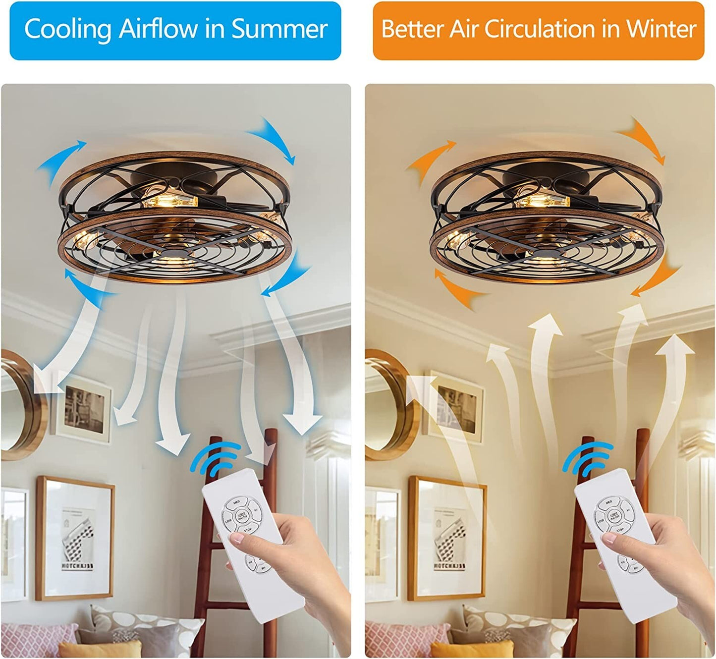 Caged Ceiling Fan w/ Light, 20" Bladeless Remote Control, 3 Speed, 5 E26 Bulb