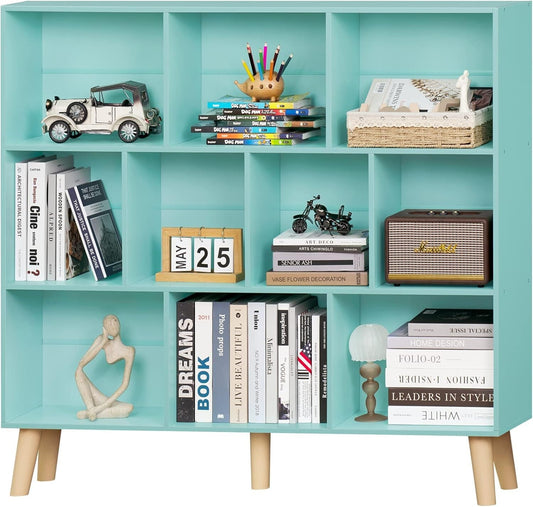 LEYAOYAO 10 Cube Bookshelf,3 Tier Modern Wide Bookcase with Legs,Mid-Century