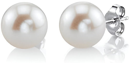 THE PEARL SOURCE Round White Freshwater Real Pearl Earrings for Women - 14k Gold
