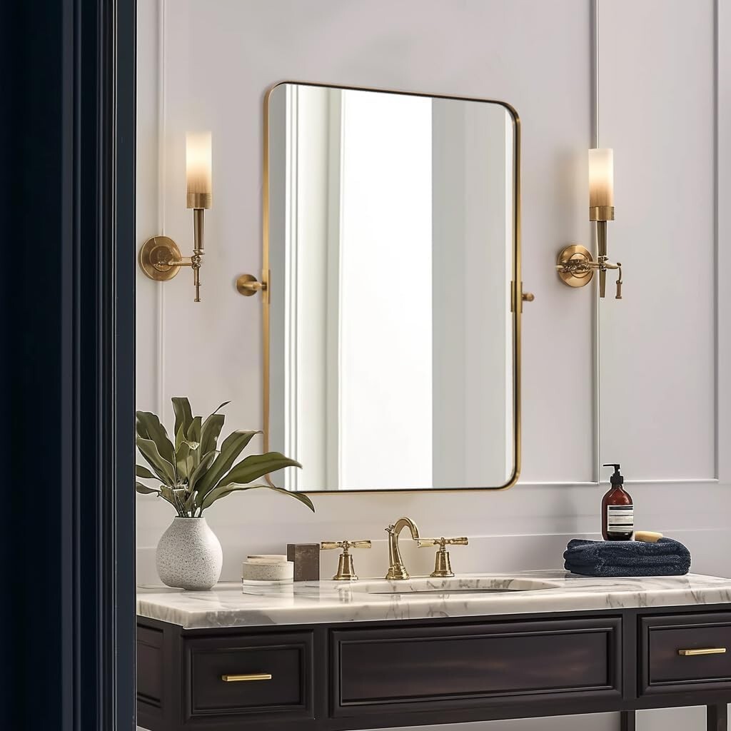 MOON MIRROR 24" x 36" Brushed Gold Metal Framed Pivot Rectangle Bathroom Mirror
