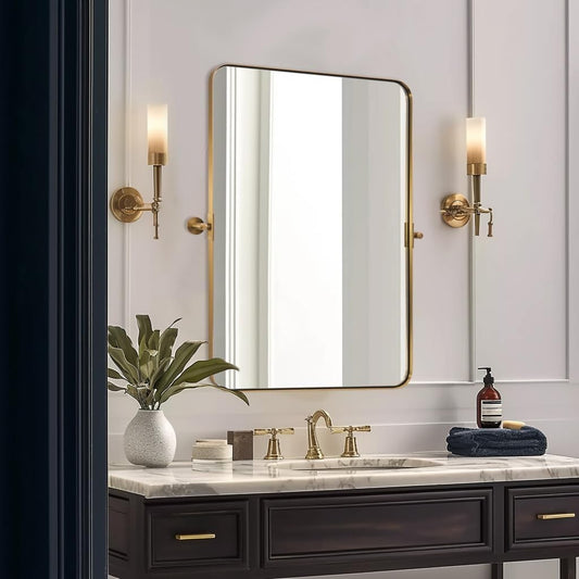 MOON MIRROR 24" x 36" Brushed Gold Metal Framed Pivot Rectangle Bathroom Mirror