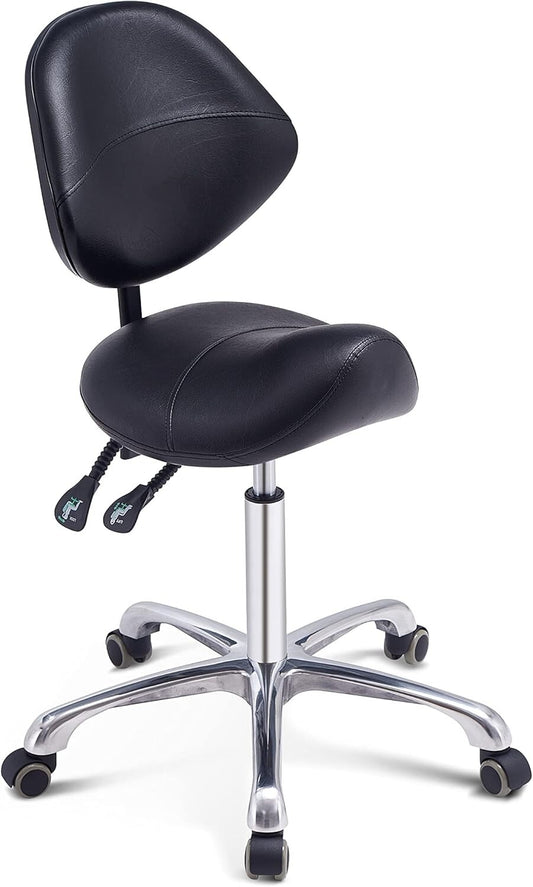 Grace&Grace Professional Saddle Stool Chair with Back Support, Rolling Saddle