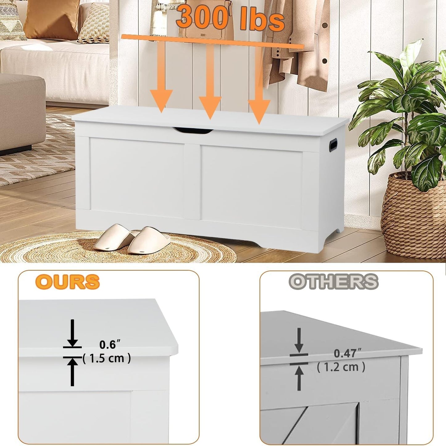 39.4 Inch Storage Chest, Wooden Storage Bench, Toy Chest with 2 Safety Hinges