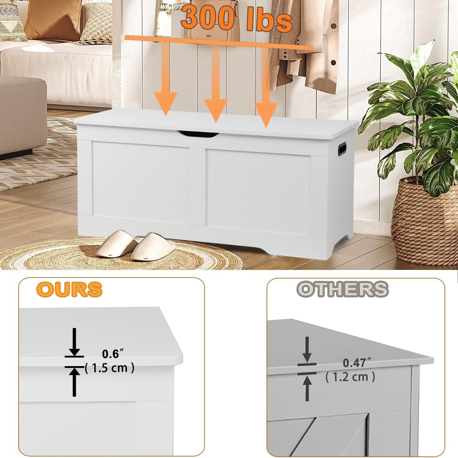 39.4 Inch Storage Chest, Wooden Storage Bench, Toy Chest with 2 Safety Hinges