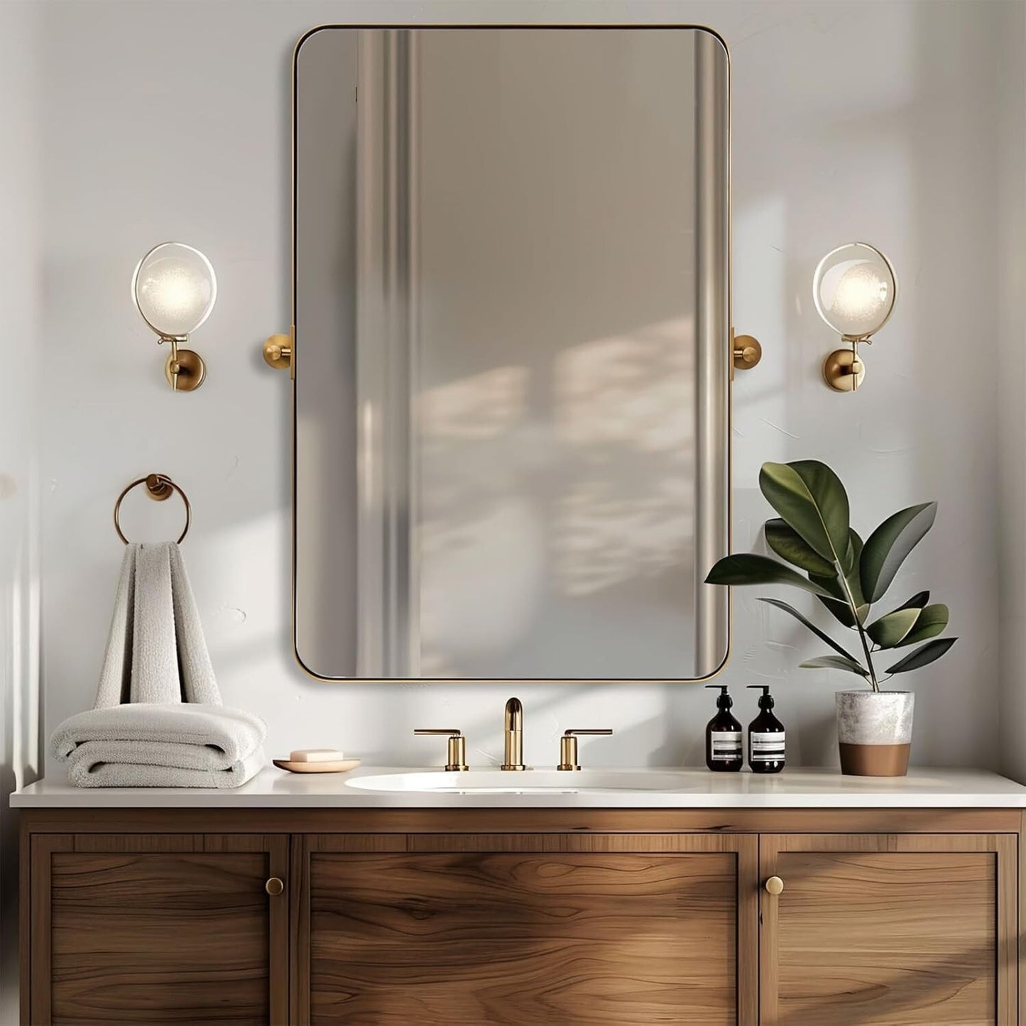 MOON MIRROR 24" x 36" Brushed Gold Metal Framed Pivot Rectangle Bathroom Mirror