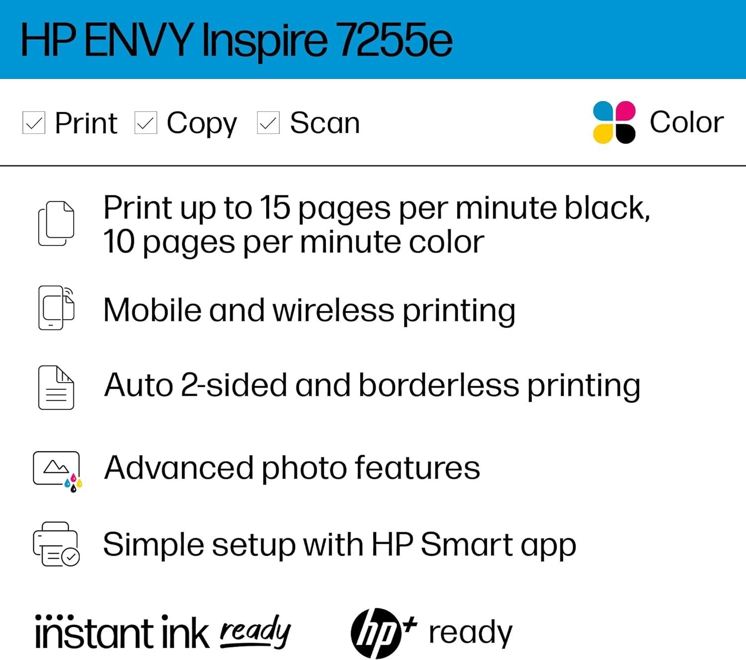 HP ENVY Inspire 7255e Wireless Color Thermal Inkjet Printer, Print, scan, copy