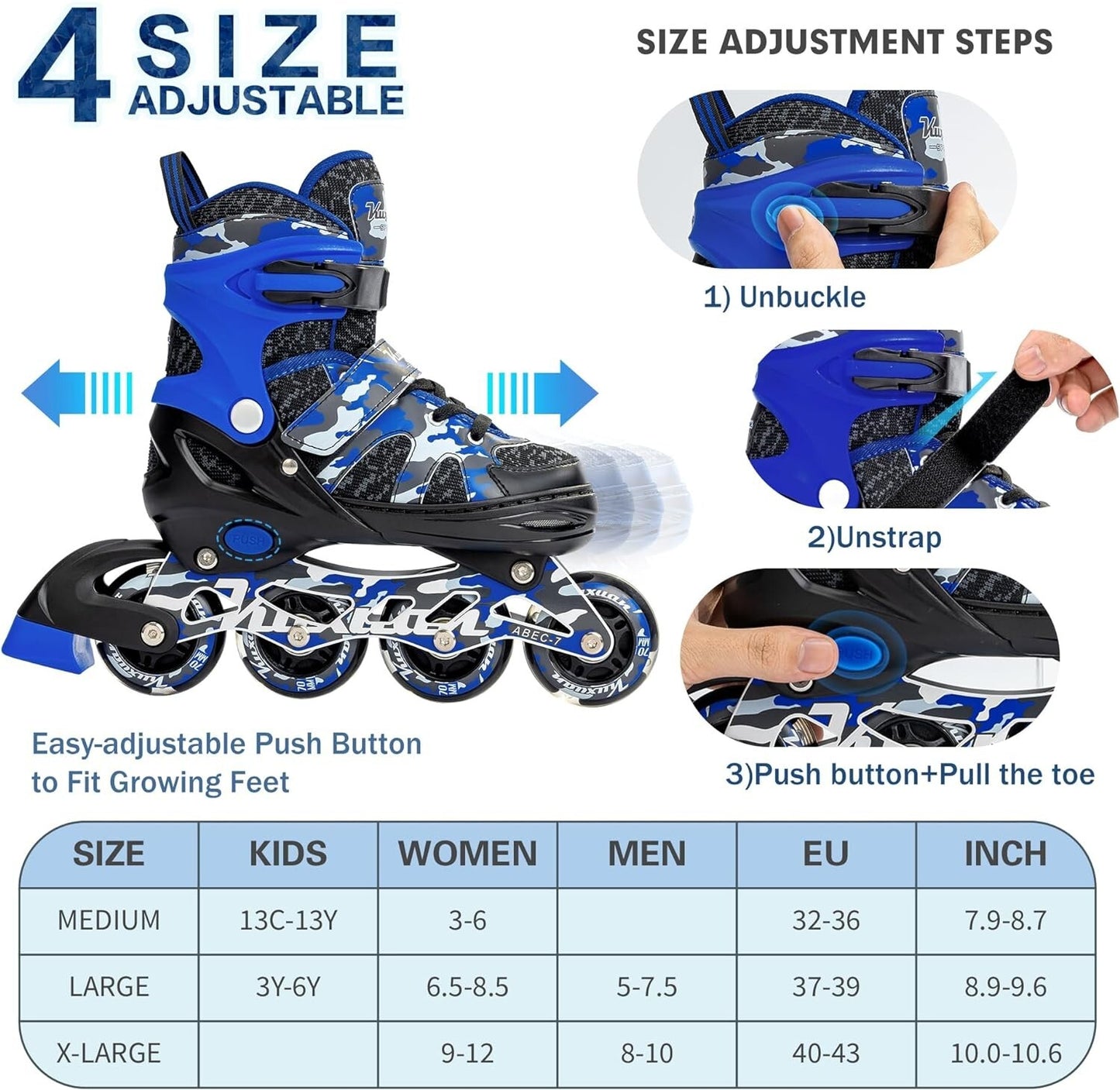 Kuxuan Skates Adjustable Inline Skates for Kids and Youth w/ Full Light Size XL