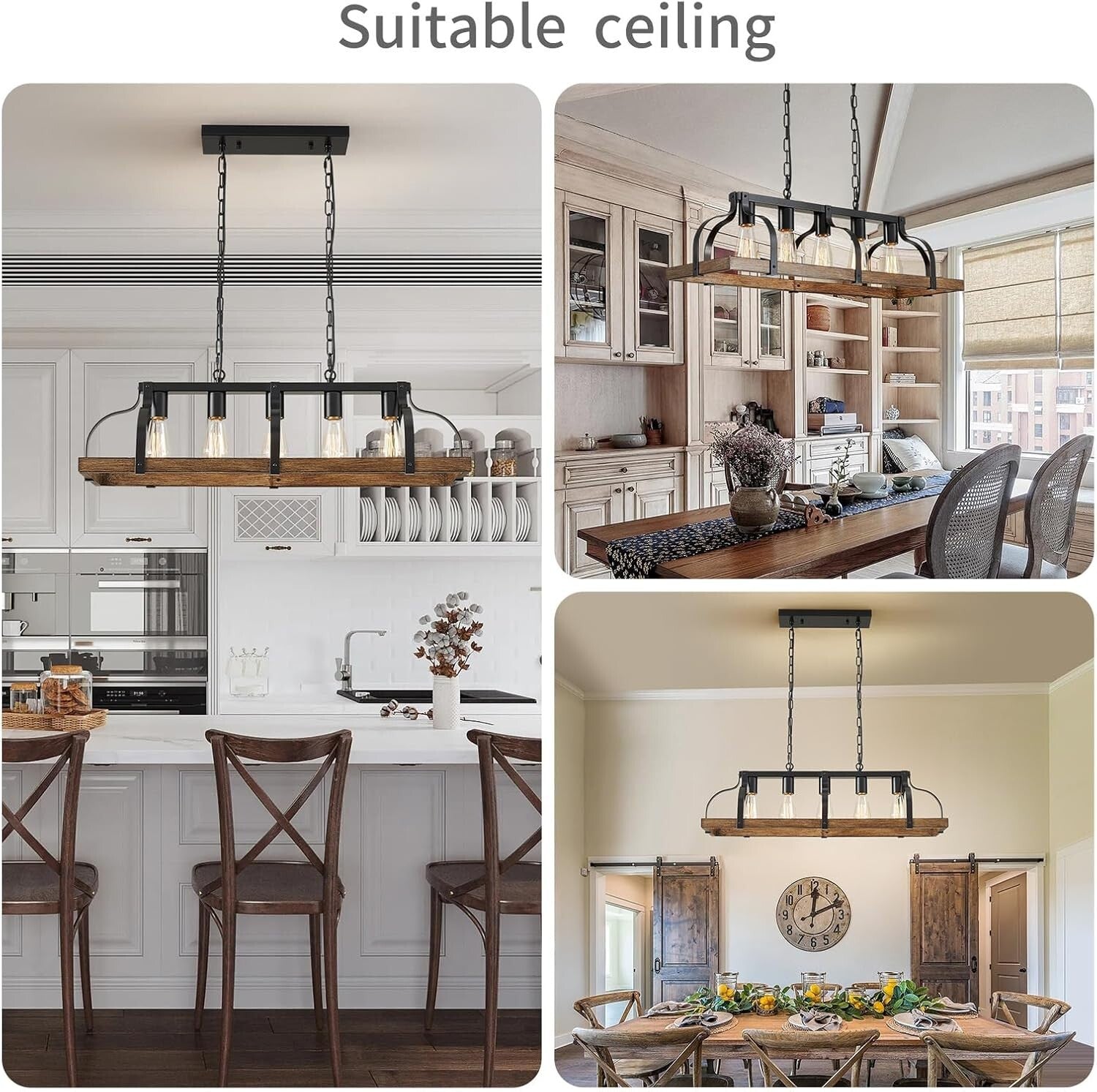WUZUPS 5-Light Metal Chandelier Imitation Wood Grain Linear Pendant Ceiling Ligh