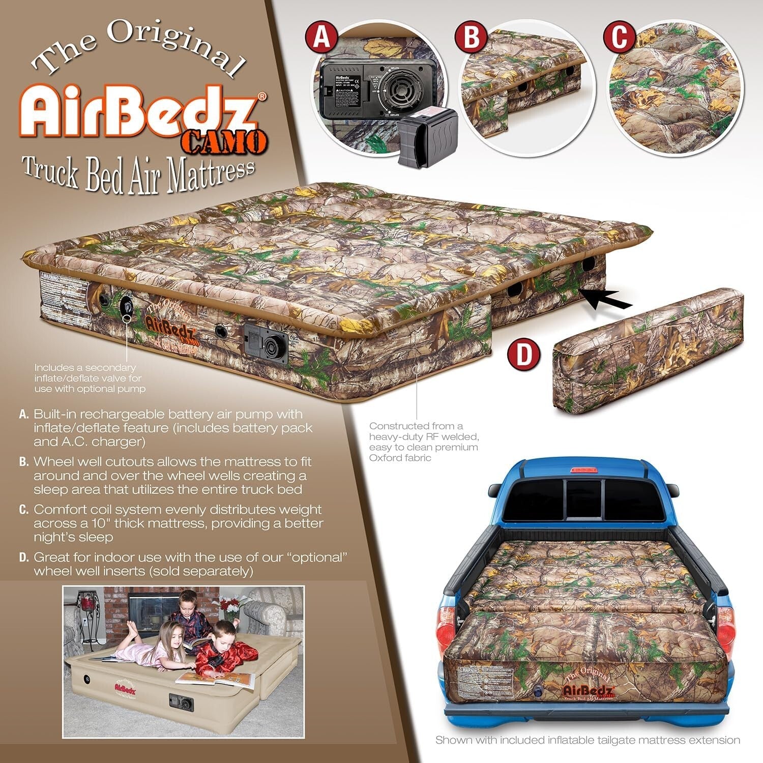 Pittman Outdoors PPI-405 AirBedz CAMO Truck Bed Air Mattress | Mid Size-Short Be