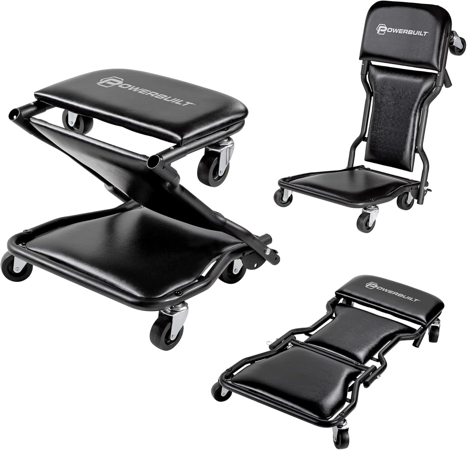 Powerbuilt 42" Tri-Fold Creeper, Rolling Seat and Brake Stool, All-in-One Adjust