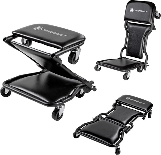 Powerbuilt 42" Tri-Fold Creeper, Rolling Seat and Brake Stool, All-in-One Adjust