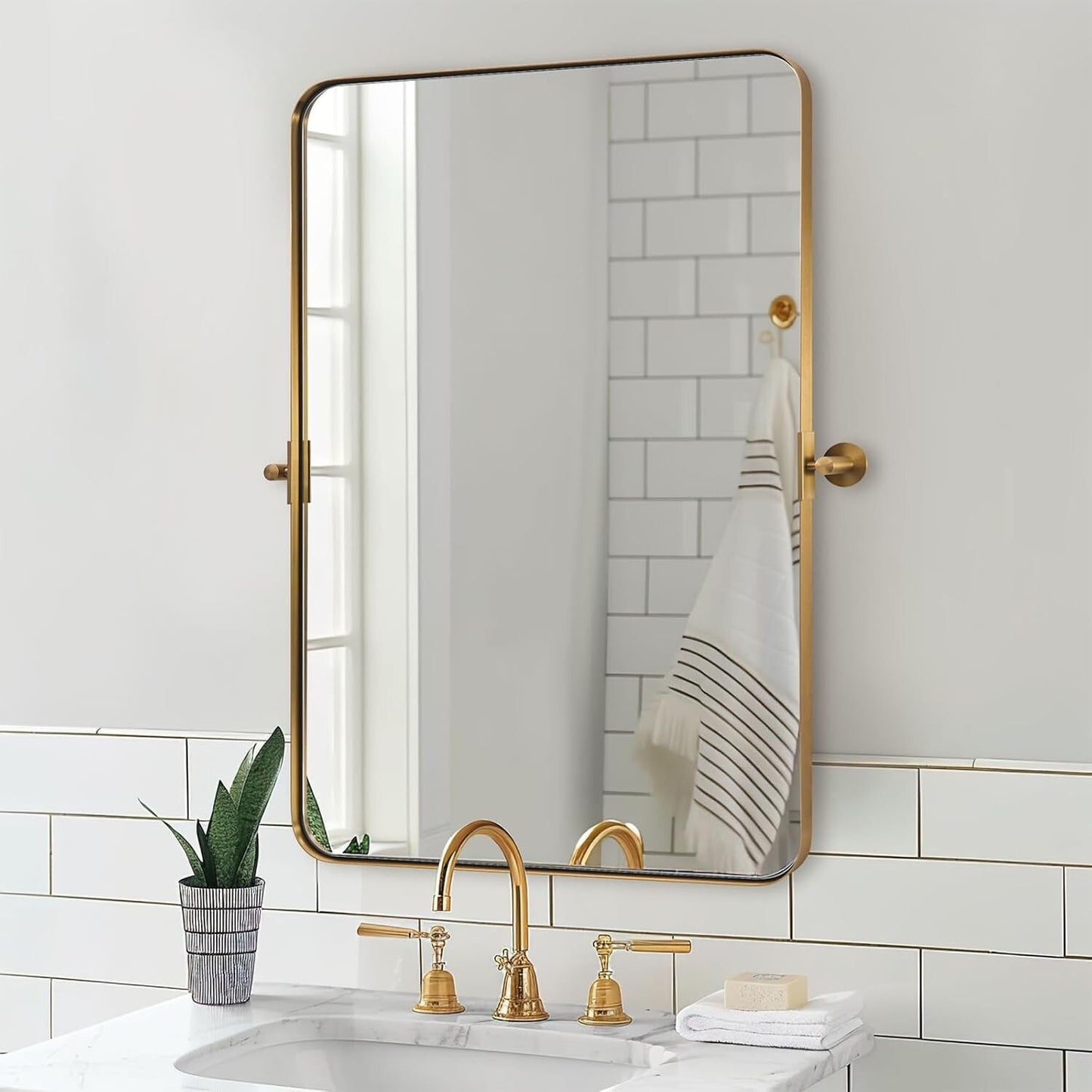 MOON MIRROR 24" x 36" Brushed Gold Metal Framed Pivot Rectangle Bathroom Mirror