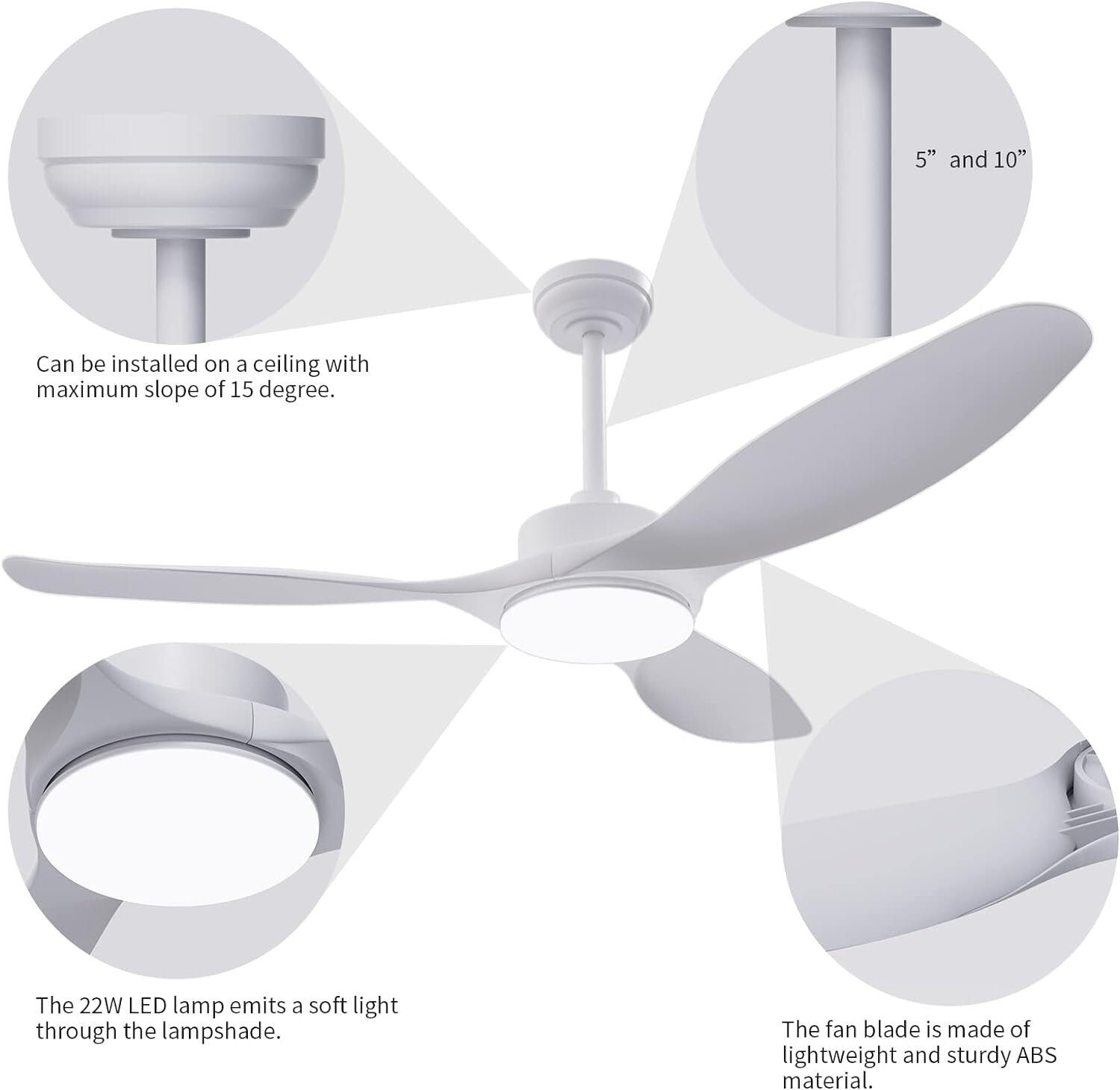 Ceiling Fan 52" Ceiling Fans with Lights Remote Control,White Ceiling Fan 3CCT 2