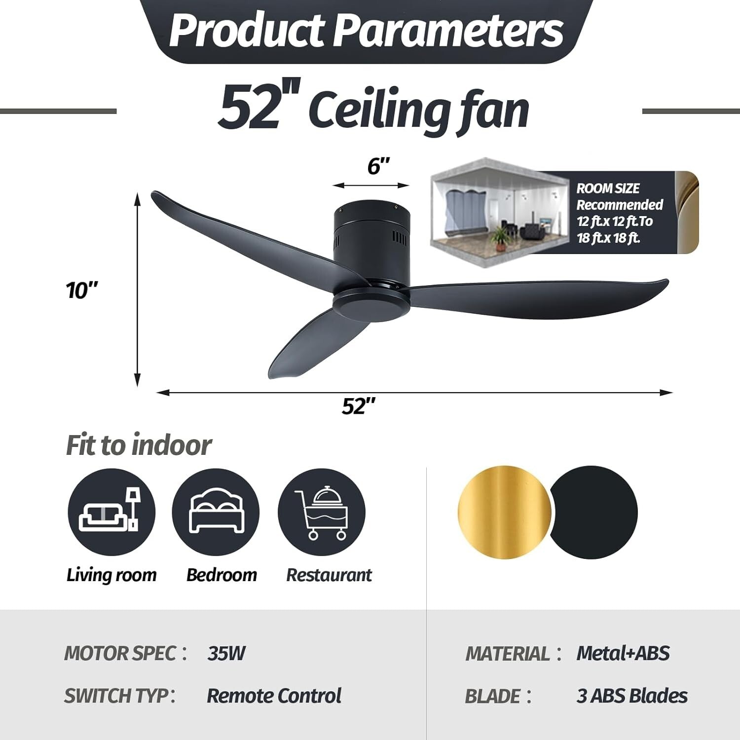 LEEAGLEGRY 52''Ceiling Fan no Light,3 ABS Blade,Reversible Quiet DC Motor,Timed