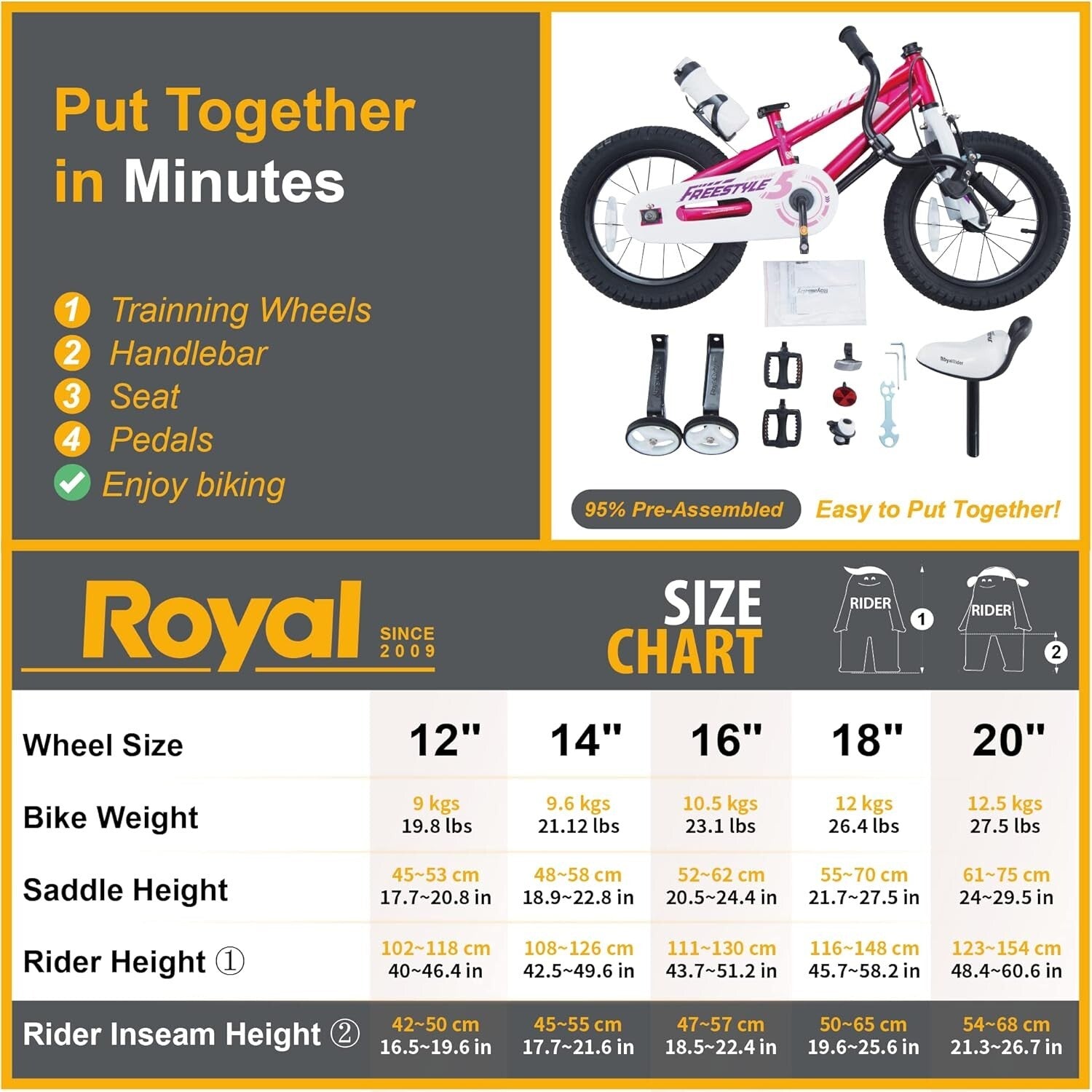 RoyalBaby EZ & Freestyle Kids Bike, Size 12-18 Inch for Toddlers to Big Kids