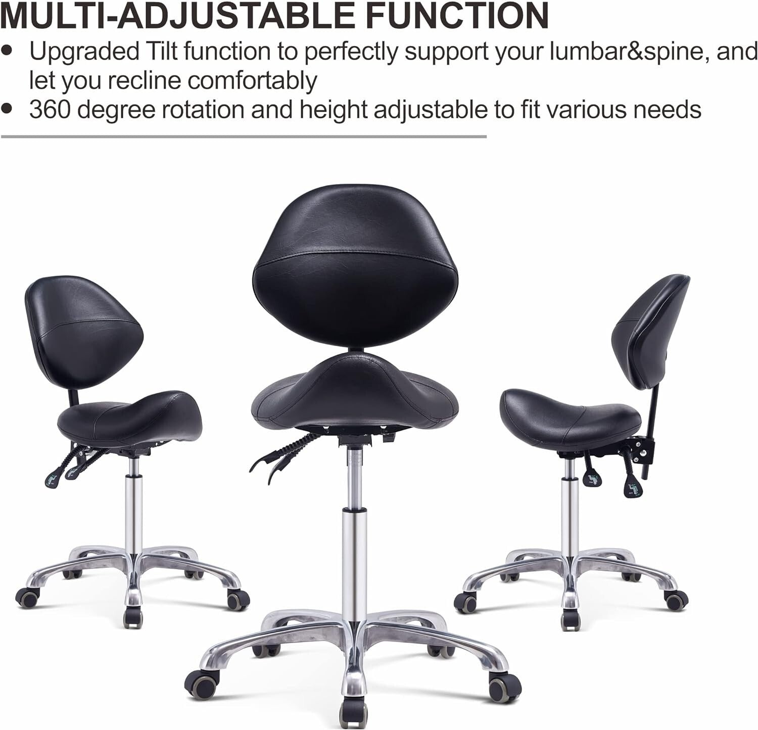 Grace&Grace Professional Saddle Stool Chair with Back Support, Rolling Saddle