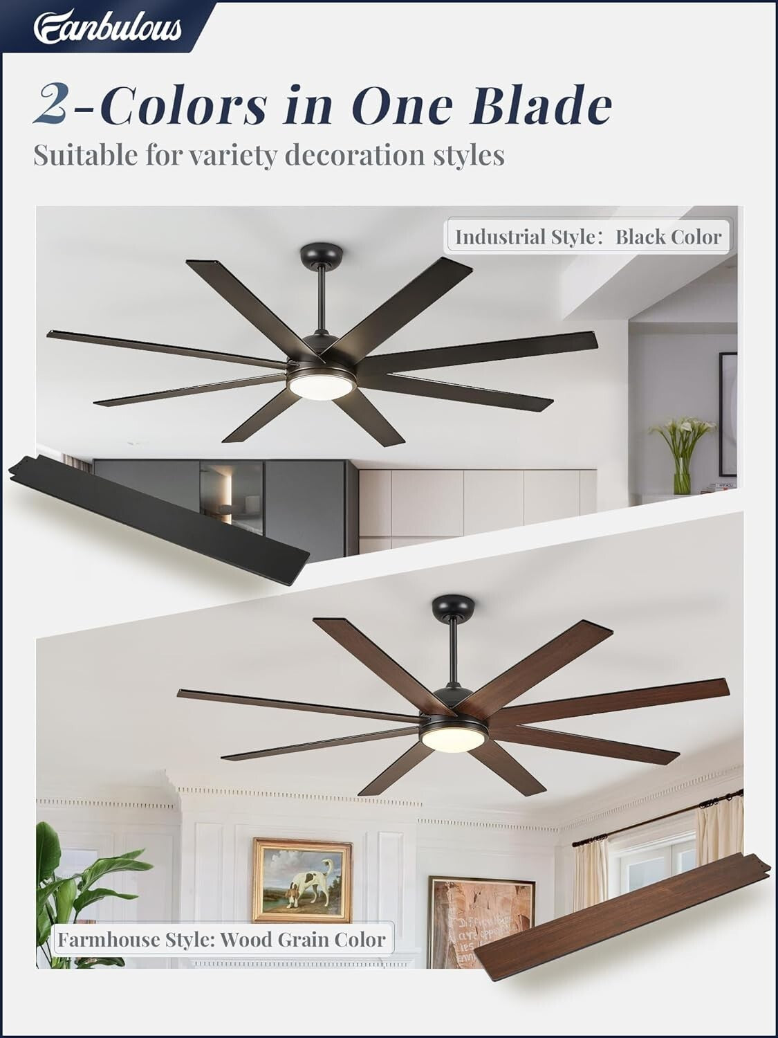 65 inch Ceiling Fans with Lights and Remote Control, Black Indoor Outdoor Ceilin