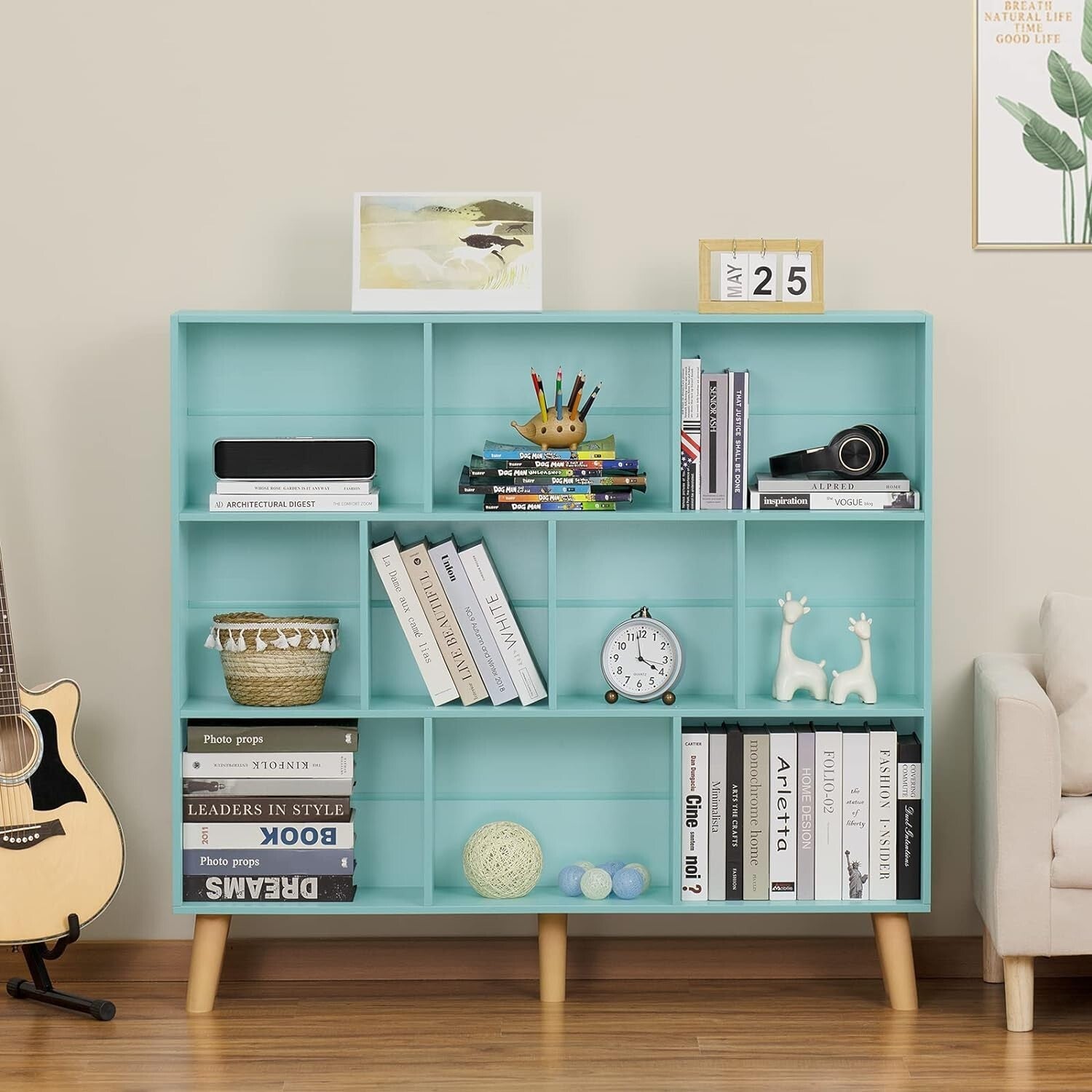 LEYAOYAO 10 Cube Bookshelf,3 Tier Modern Wide Bookcase with Legs,Mid-Century