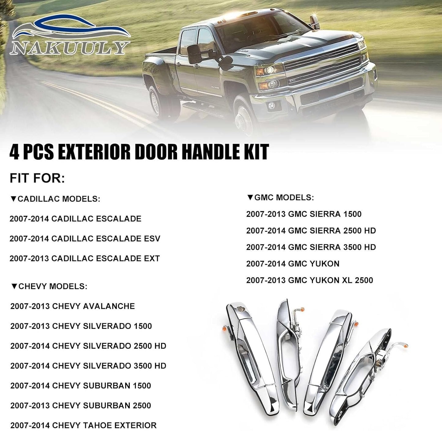 Nakuuly Exterior Chrome Door Handle 4 PCS Front Rear Driver & Passenger Compatib