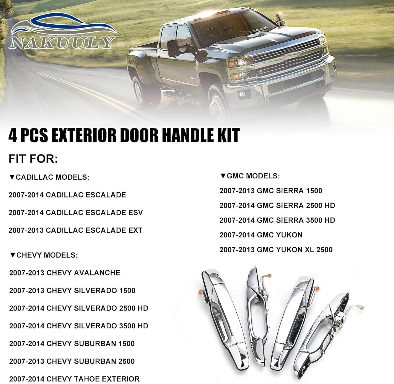 Nakuuly Exterior Chrome Door Handle 4 PCS Front Rear Driver & Passenger Compatib