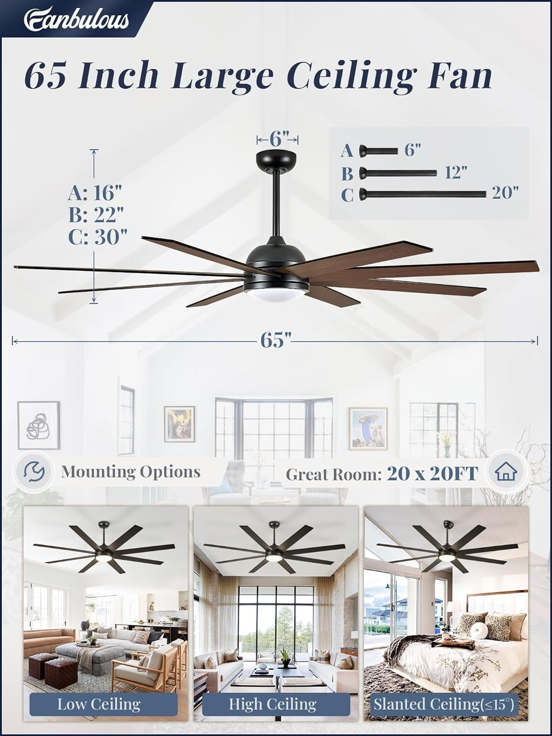 65 inch Ceiling Fans with Lights and Remote Control, Black Indoor Outdoor Ceilin