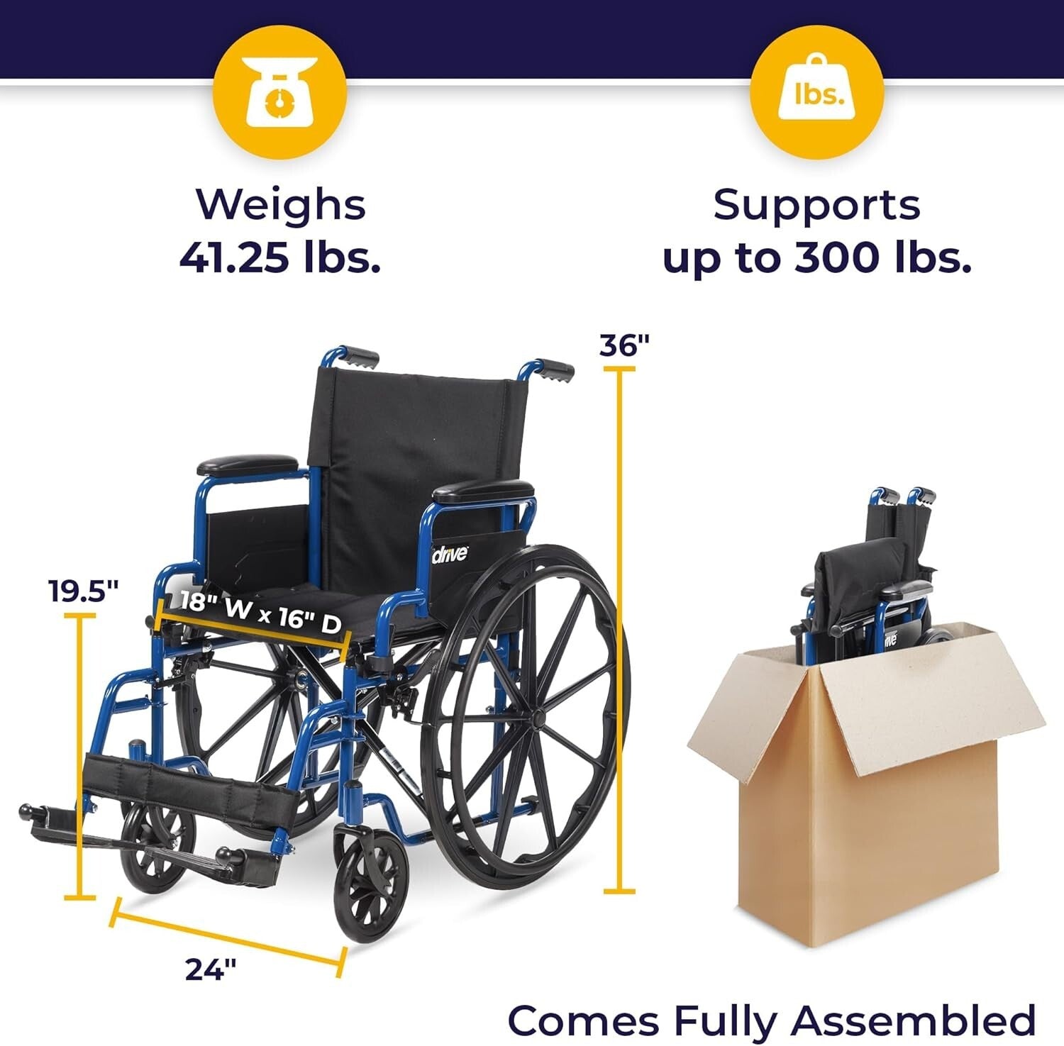 Drive Medical Blue Streak Lightweight Wheelchair 18” with Swing-Away Footrests
