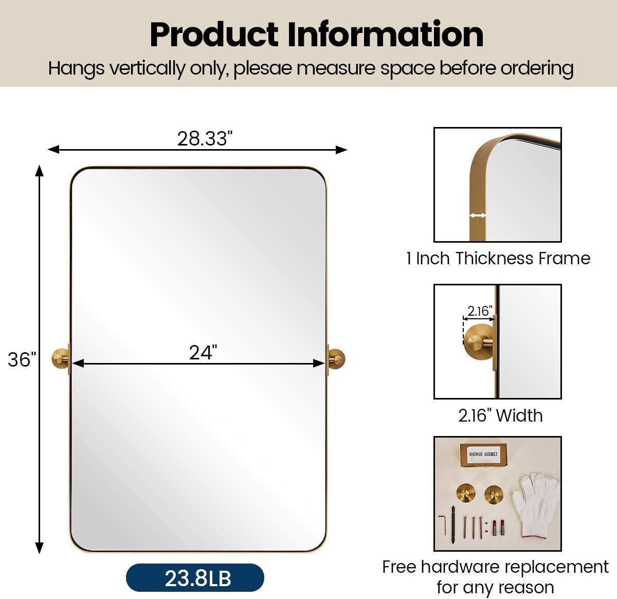 MOON MIRROR 24" x 36" Brushed Gold Metal Framed Pivot Rectangle Bathroom Mirror