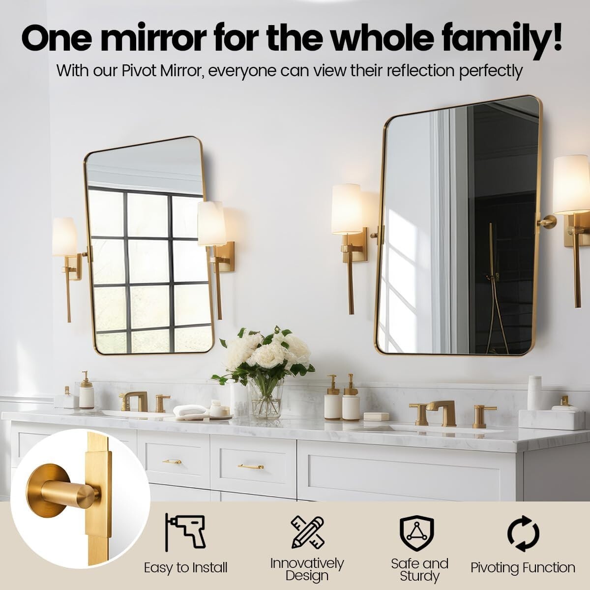 MOON MIRROR 24" x 36" Brushed Gold Metal Framed Pivot Rectangle Bathroom Mirror